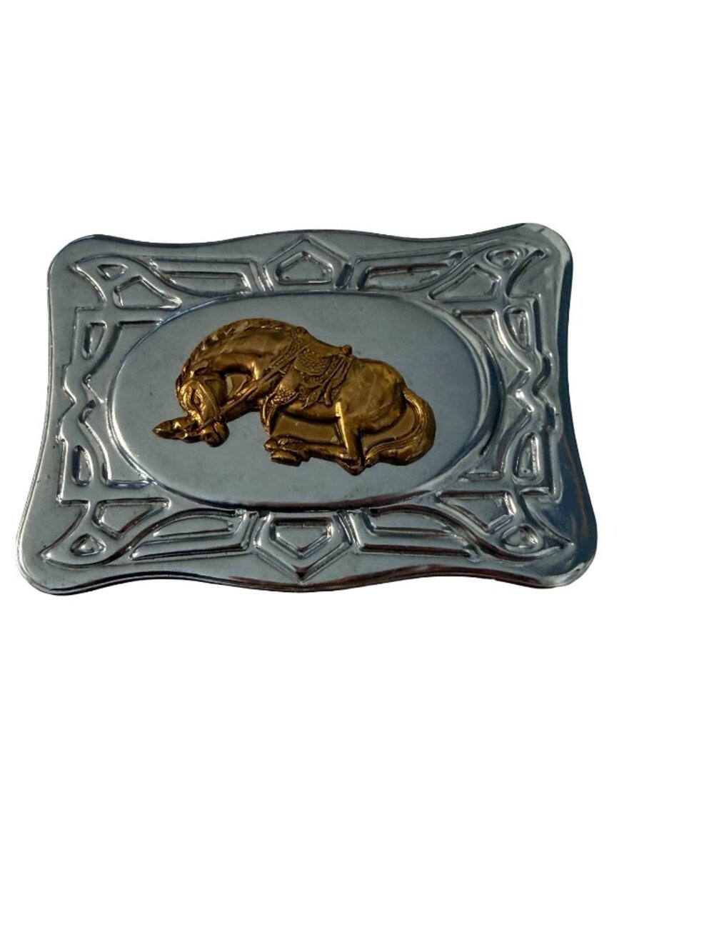 Vintage Western Horse Belt Buckle Silver Tone Gold Horse Made in Hong Kong